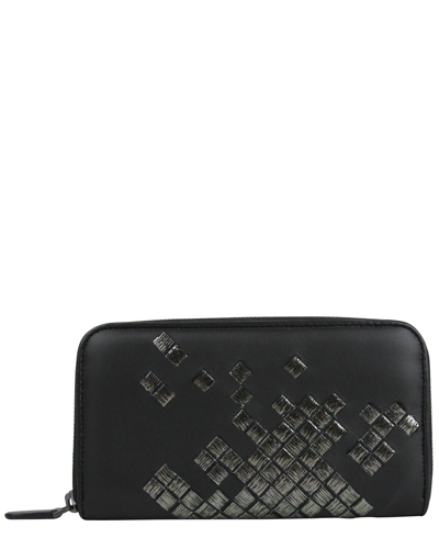 Bottega Veneta Woven Leather Zip Around Wallet In Black