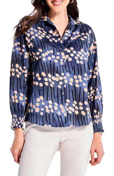Nic + Zoe Smocked Cuff Stretch Cotton Button-up Shirt In Blue