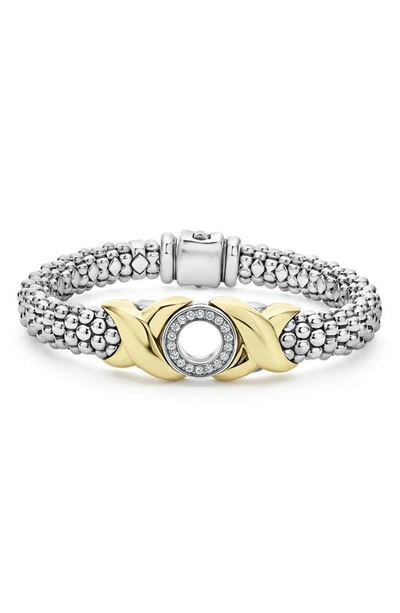 Lagos 18k Yellow Gold & Sterling Silver Embrace Diamond Xo Caviar Bead Link Bracelet In Gold/ Silver