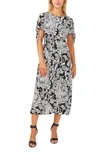 CHAUS PRINT TIE WAIST SPLIT SLEEVE MIDI DRESS