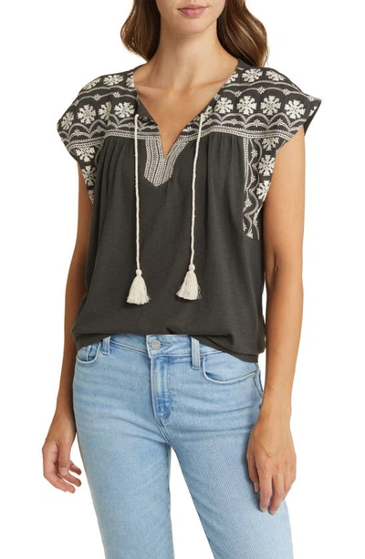 Lucky Brand Embroidered Cotton Blend Peasant Top In Raven