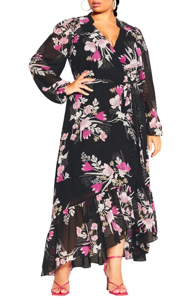 City Chic Samara Long Sleeve Wrap Maxi Dress In Magnetising Fl