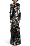 TOM FORD LONG SLEEVE SEQUIN & MESH GOWN
