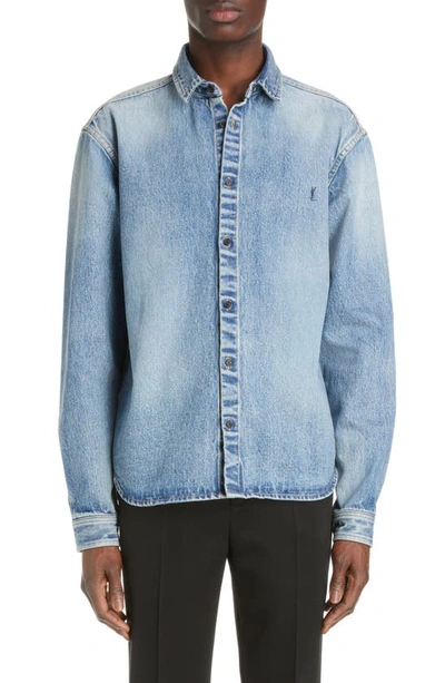 Saint Laurent Distressed Western Denim Shirt In Blue