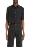 Saint Laurent Tonal Stripe Short Sleeve Silk Button-up Shirt In Noir