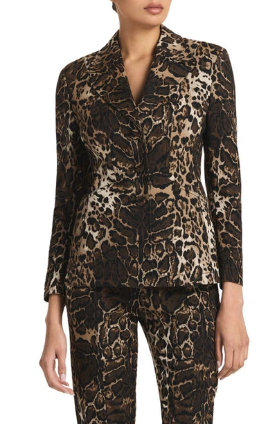 St. John Leopard Jacquard Single-breasted Blazer Jacket In Caramel Multi