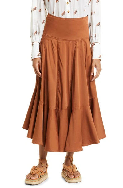 Farm Rio Ruffle Hem Cotton Blend Skirt In Brown