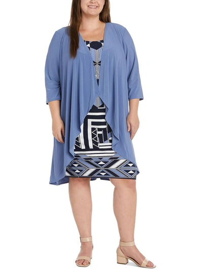 R & M Richards Plus Size 3/4-sleeve Cascade-collar Jacket And Printed Sleeveless Dress In Blue