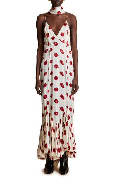 Khaite Candita Scarf-detailed Printed Twill Maxi Dress In Cream Red