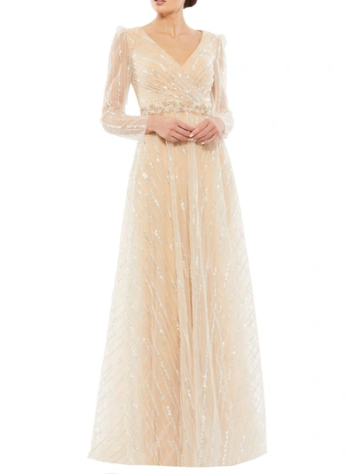 Mac Duggal Womens Sequined Maxi Evening Dress In Beige