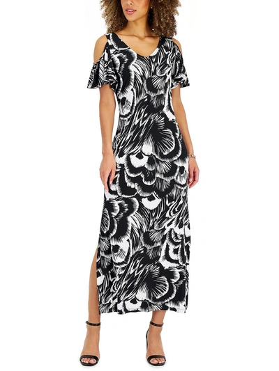 CONNECTED APPAREL PETITES WOMENS PRINTED COLD-SHOULDER MAXI DRESS