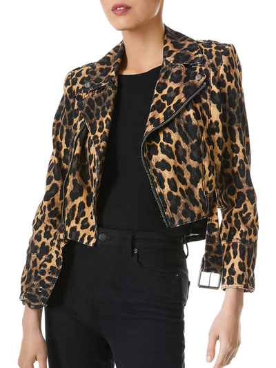 Alice And Olivia Womens Leopard Crop Motorcycle Jacket In Brown