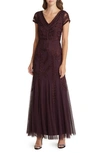 Marina Beaded Cap Sleeve Tulle Gown In Wine