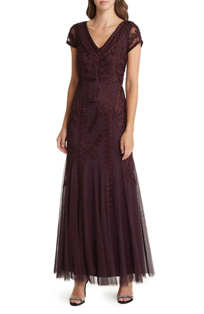 Marina Beaded Cap Sleeve Tulle Gown In Wine