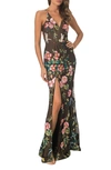 Dress The Population Iris Black Floral Maxi Gown In Black Multi