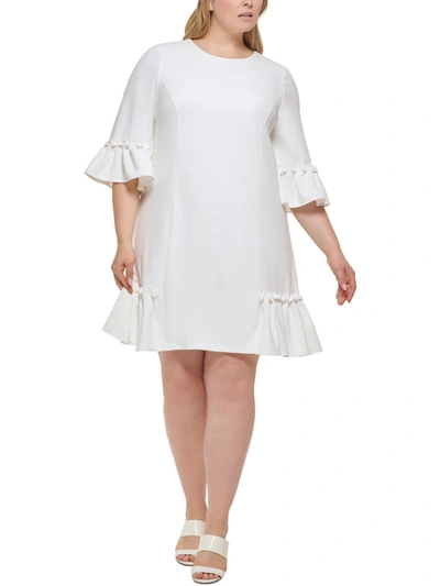 Calvin Klein Plus Womens Ruffled Work Sheath Dress In White