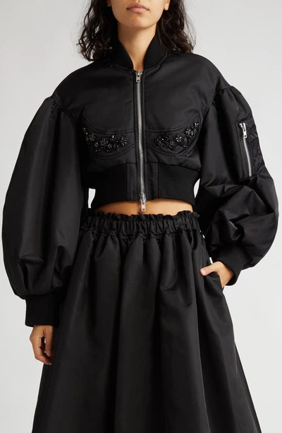 Simone Rocha Crystal-embellished Satin Cropped Bomber Jacket In Black