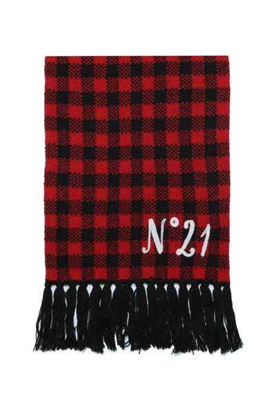 N°21 Kids' Check-pattern Fringed Scarf In Red