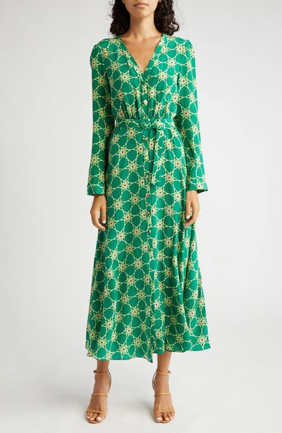 Saloni Lea Button-front Printed Midi Silk Shirtdress In Green