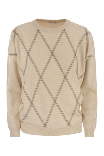 Brunello Cucinelli Crew-neck Sweater In Virgin Wool, Cashmere And Silk In Sand