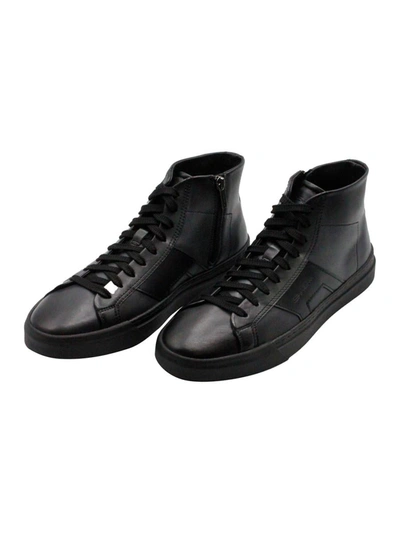 Santoni High-top Sneaker In Soft Calfskin With Side Zip And Laces With Side Logo Lettering In Black