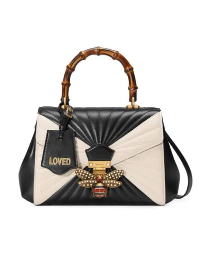 Gucci Queen Margaret Bamboo 绗缝皮革手提包 In Black/white
