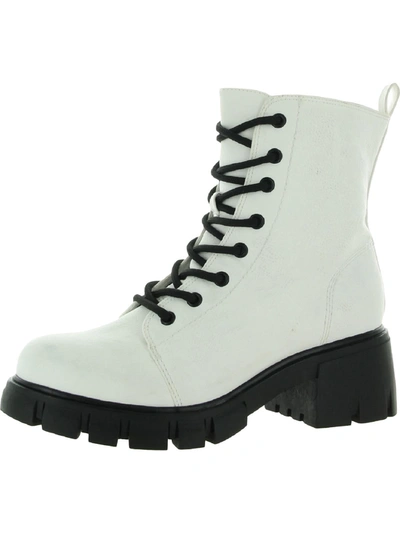 Mia Tauren Womens Faux Leather Snake Print Combat & Lace-up Boots In White