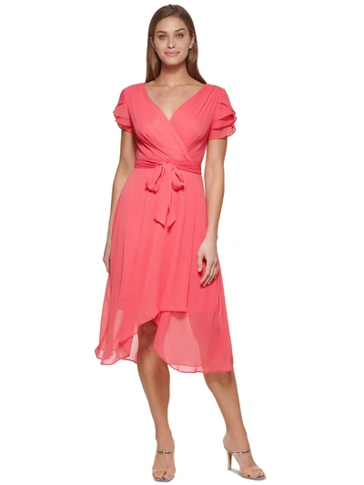 Dkny Petites Womens Ruffled Sheer Wrap Dress In Pink