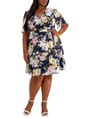 CONNECTED APPAREL PLUS WOMENS FAUX WRAP KNEE FIT & FLARE DRESS