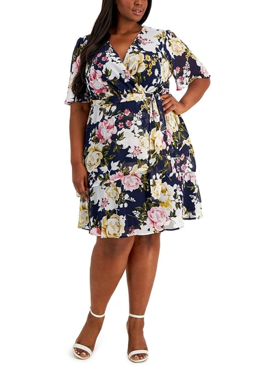 Connected Apparel Plus Womens Faux Wrap Knee Fit & Flare Dress In Blue