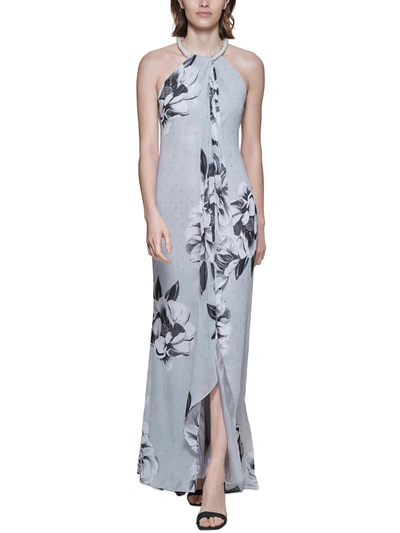 Calvin Klein Womens Metallic Embroidered Evening Dress In Blue