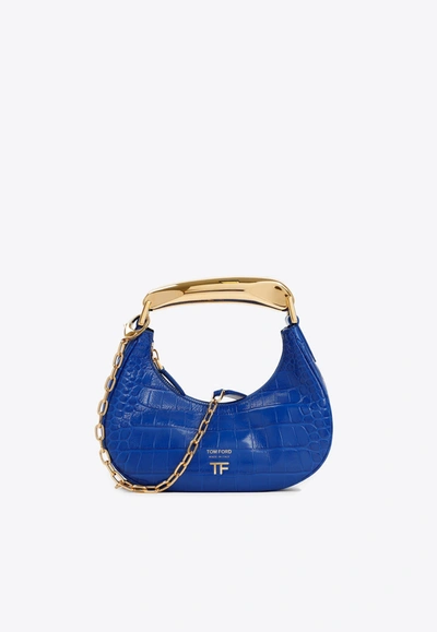 Tom Ford Bianca Hobo Shoulder Bag In Croc-embossed Leather In Blue