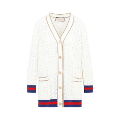 Gucci Web Stripe Knitted Cotton Cardigan In White
