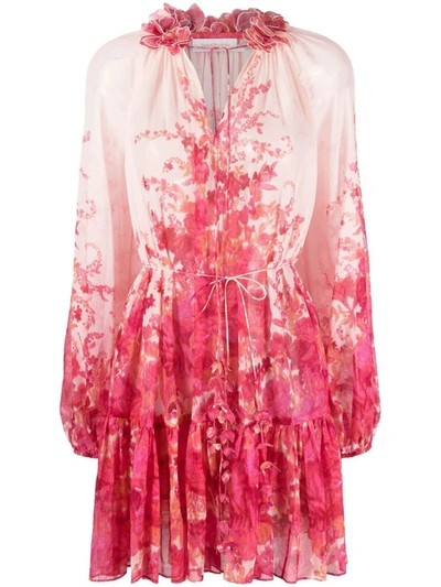Zimmermann High Tide Lantern Minidress In Pink Ikat Floral