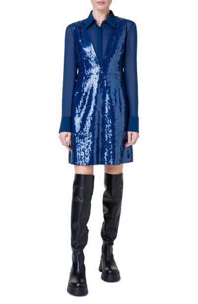 Akris Sequin Long Sleeve Pinafore Dress In Denim