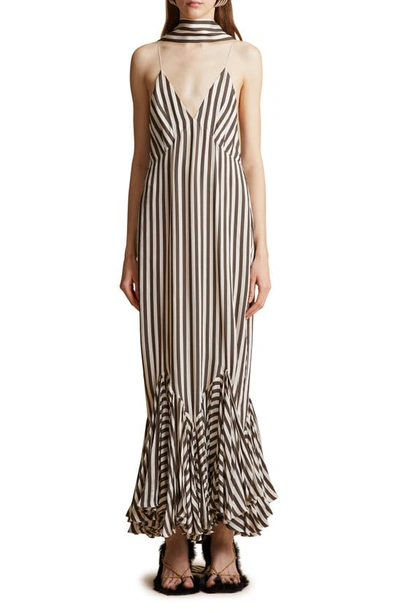Khaite Women's Candita Stiped Satin Fishtail Maxi Dress In Brown