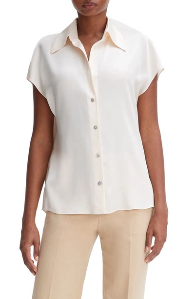 Vince Cap-sleeve Ruched-back Silk Blouse In Neutral