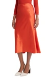 Vince Bias Satin Midi Skirt In Light Red