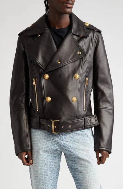 Leather biker jacket with mini monogram print brown - Men