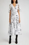 Victoria Beckham Floral-print Flutter-sleeve Godet Maxi Dress In Floral_negative_white_black