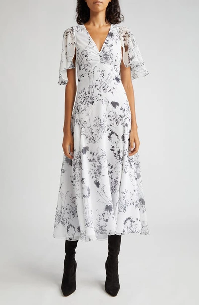 Victoria Beckham Floral-print Flutter-sleeve Godet Maxi Dress In Floral_negative_white_black