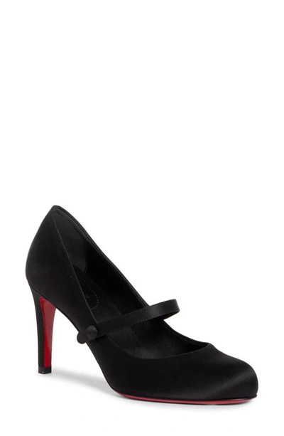 Christian Louboutin Pumppie Wallis Red Sole Crepe Satin Mary Jane Pumps In B439 Black/ Lin Black
