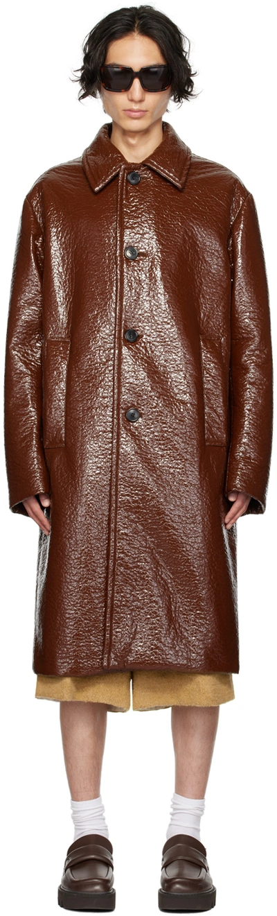 Dries Van Noten Brown Crinkled Coat In Choco 702