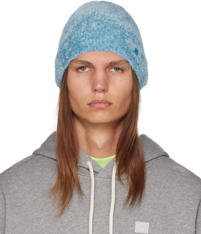 Acne Studios Fluffly Knit Micro Logo Beanie Hat In Blue