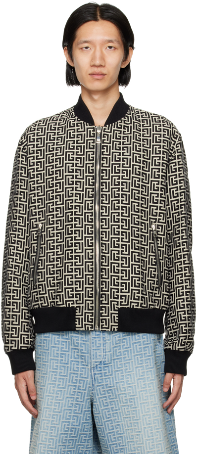 BALMAIN BLACK & BEIGE JACQUARD REVERSIBLE BOMBER JACKET