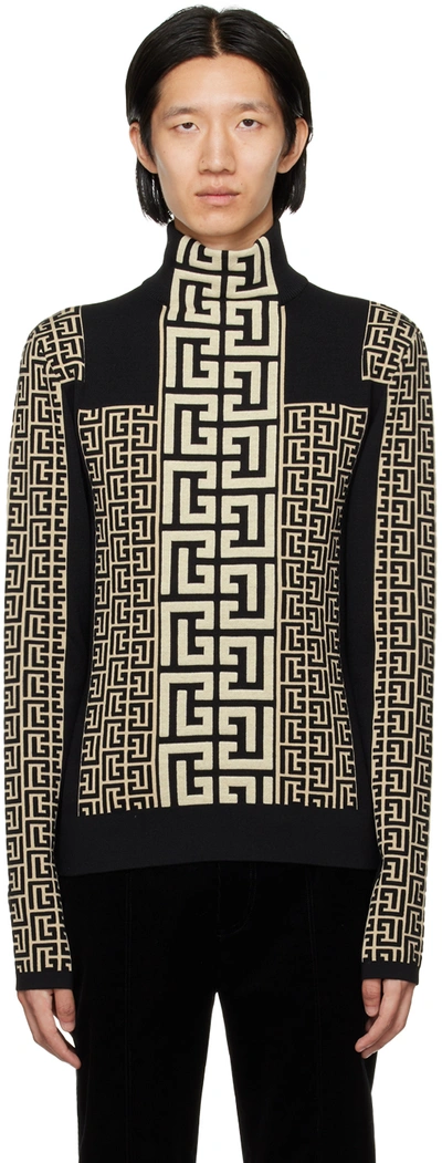 Balmain Monogram High-neck Sweater In Gfe Ivoire/noir