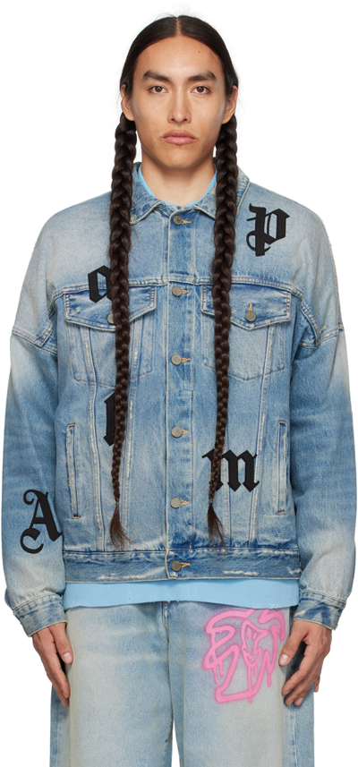 Palm Angels Logo-patches Denim Jacket In Blue
