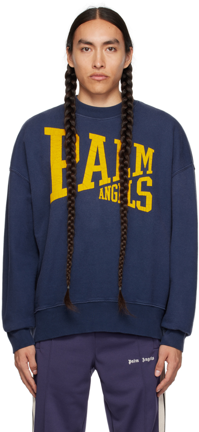 Palm Angels Logo Printed Crewneck Sweatshirt In Navy Blue