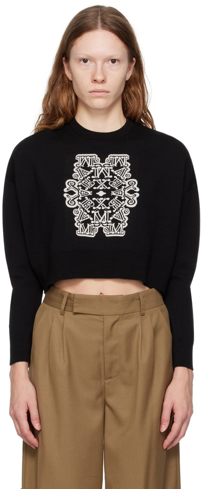 Max Mara Sir Logo Jacquard Wool Knit Crop Sweater In Black