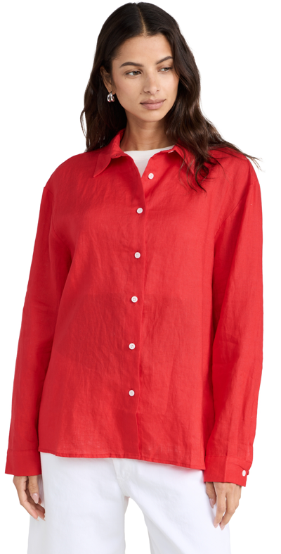 Pixie Market Red Linen Baggy Shirt With Ecru Buttons